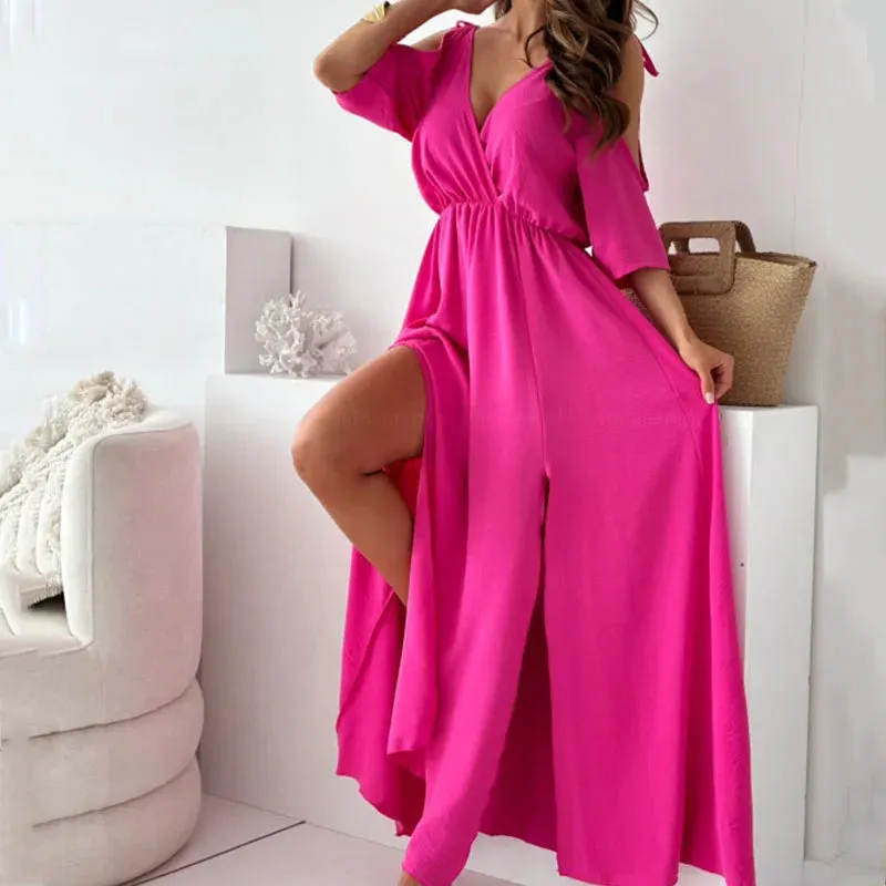 Sleeved,Long Sexy Lady V Neck Hollow High Waist Casual Solid Color Pleated Commuting Summer Loose Short Dress