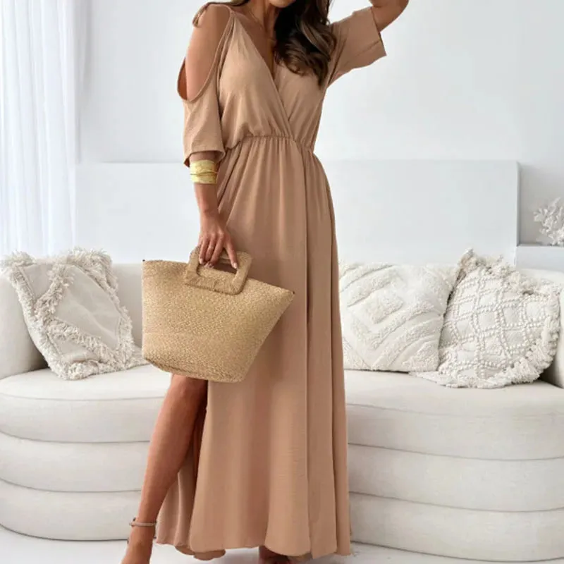 Sleeved,Long Sexy Lady V Neck Hollow High Waist Casual Solid Color Pleated Commuting Summer Loose Short Dress