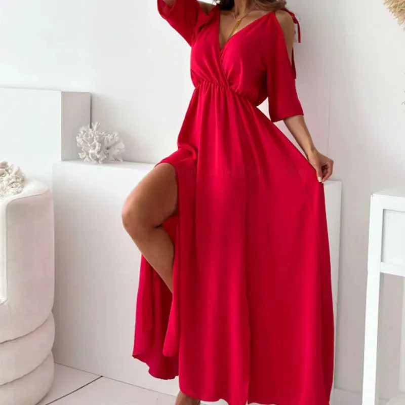 Sleeved,Long Sexy Lady V Neck Hollow High Waist Casual Solid Color Pleated Commuting Summer Loose Short Dress