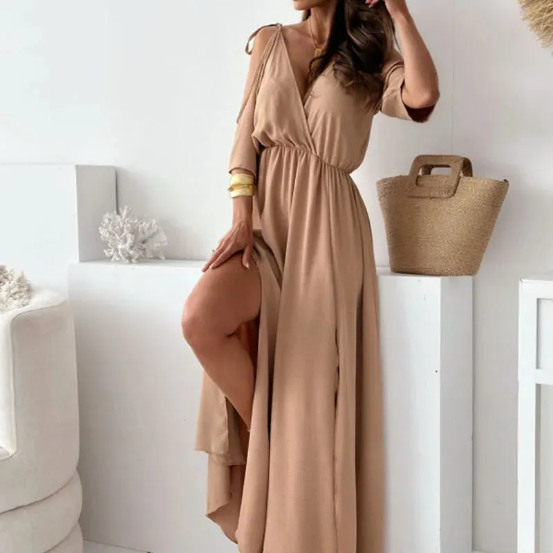 Sleeved,Long Sexy Lady V Neck Hollow High Waist Casual Solid Color Pleated Commuting Summer Loose Short Dress