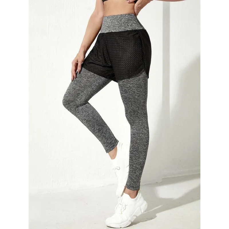 Solid Tight-Fitting Elasticity Faux Two-Piece Sports Fitness Hollowed-Out Sports Tights