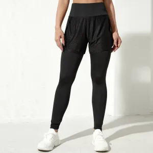 Solid Tight-Fitting Elasticity Faux Two-Piece Sports Fitness Hollowed-Out Sports Tights