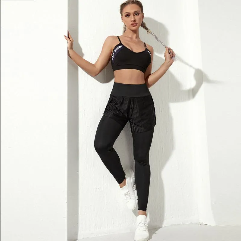 Solid Tight-Fitting Elasticity Faux Two-Piece Sports Fitness Hollowed-Out Sports Tights