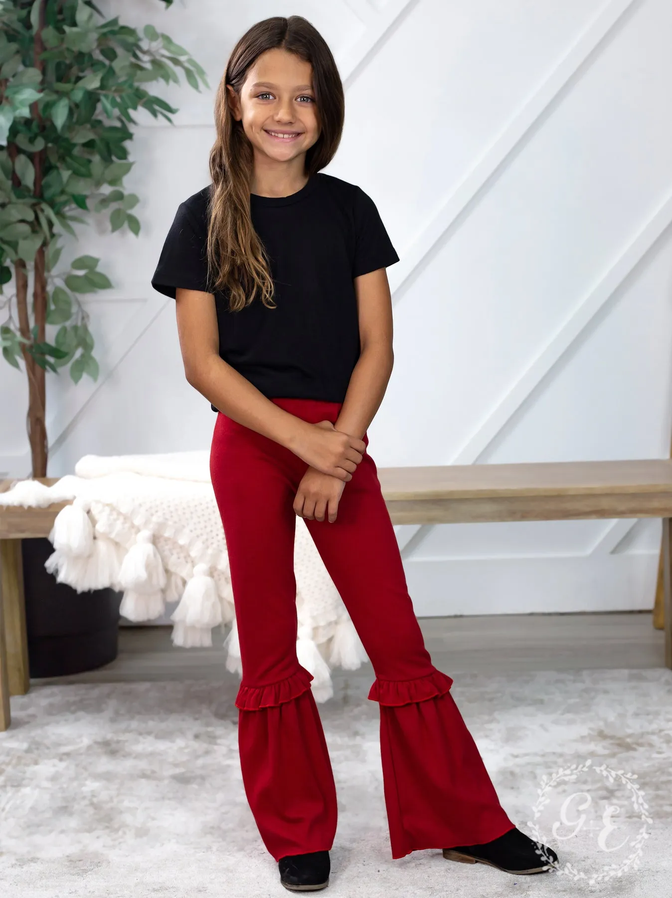 Southern Grace Girl's Ruffle My Feathers Flare Pants with Ruffle, Red