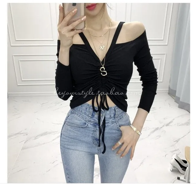 Spring Sexy Lace Up Off Shoulder Slim Fit Long Sleeve