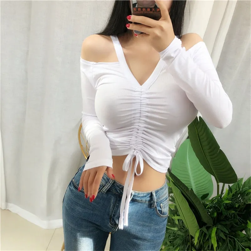 Spring Sexy Lace Up Off Shoulder Slim Fit Long Sleeve