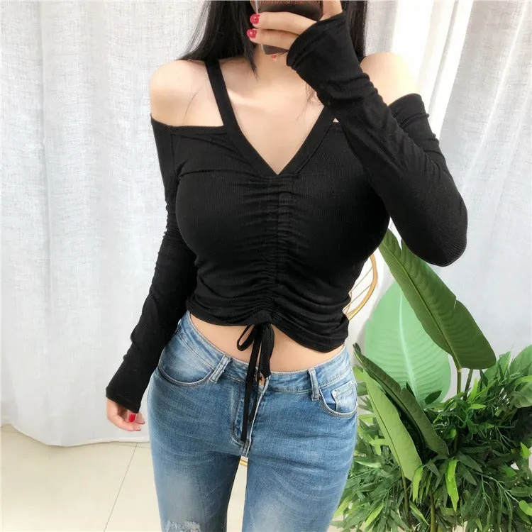 Spring Sexy Lace Up Off Shoulder Slim Fit Long Sleeve