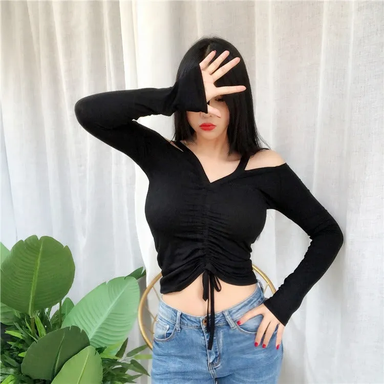 Spring Sexy Lace Up Off Shoulder Slim Fit Long Sleeve