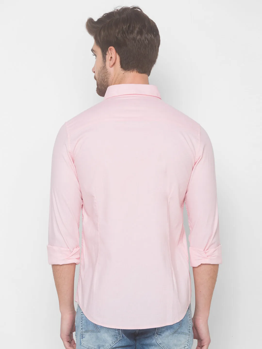 Spykar Men Baby Pink Cotton Slim Fit Shirt