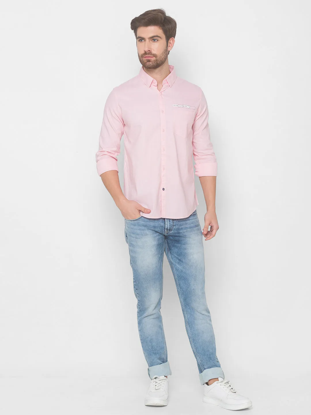 Spykar Men Baby Pink Cotton Slim Fit Shirt