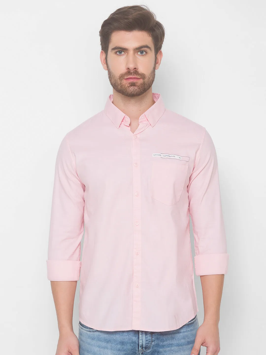 Spykar Men Baby Pink Cotton Slim Fit Shirt