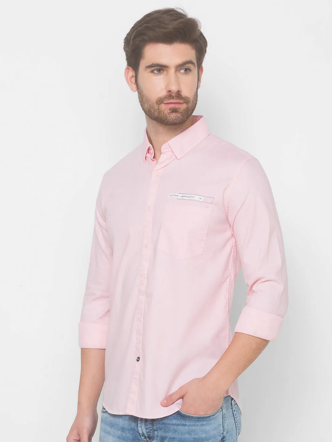 Spykar Men Baby Pink Cotton Slim Fit Shirt