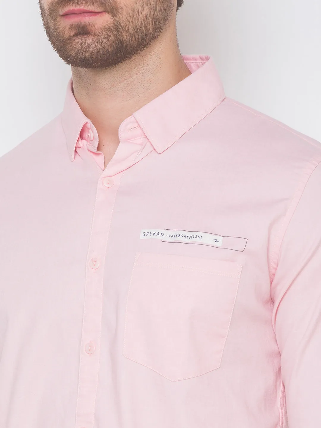 Spykar Men Baby Pink Cotton Slim Fit Shirt