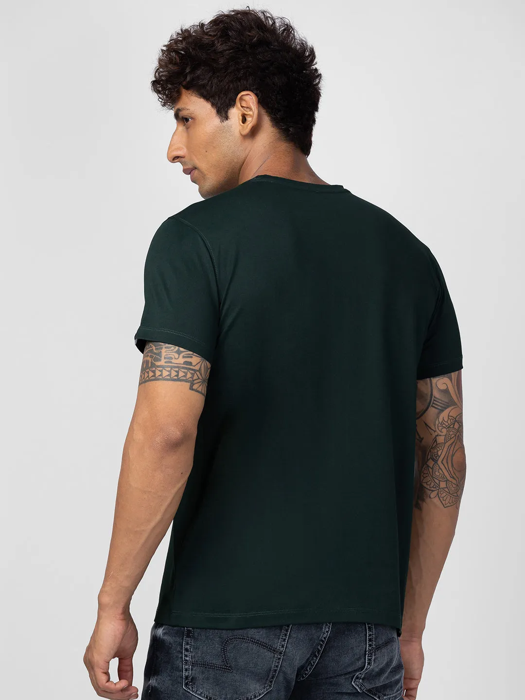 Spykar Men Bottle Green Cotton Regular Fit Half Sleeve Printed T-Shirt