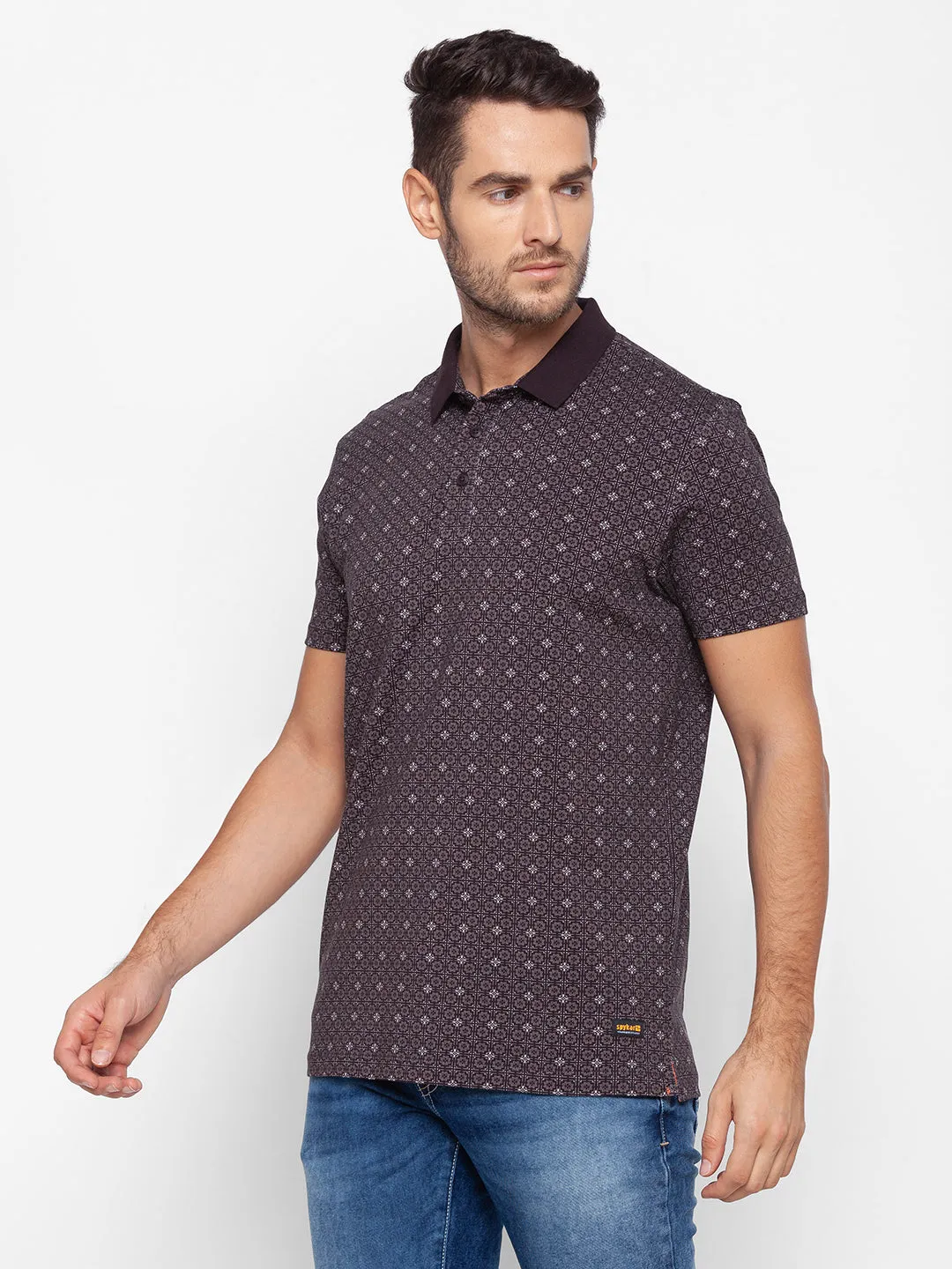 Spykar Men Brown Cotton Slim Fit Polo T-Shirt