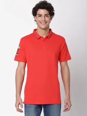 Spykar Men Deep Coral Cotton Half Sleeve Polo Tshirt