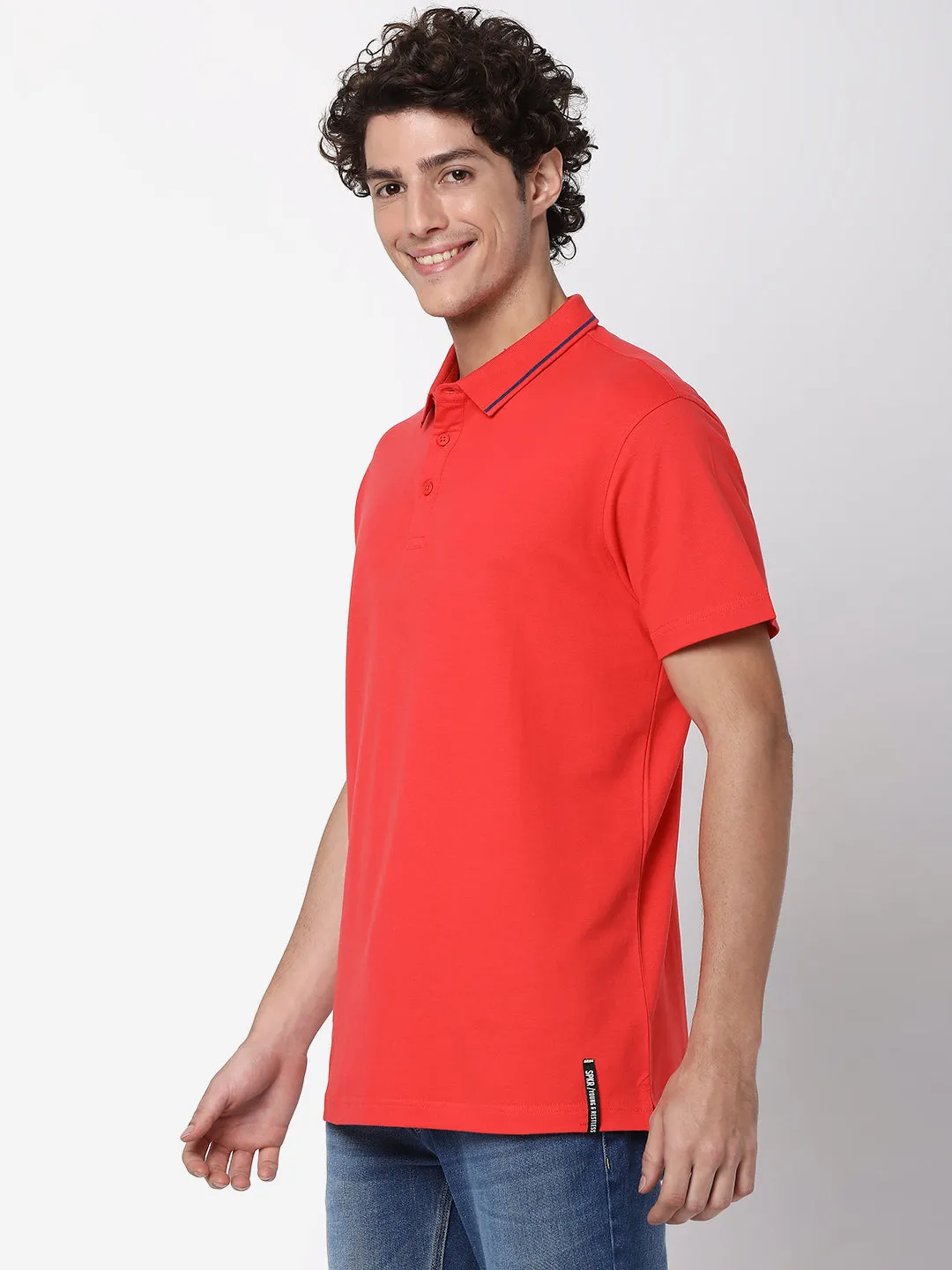 Spykar Men Deep Coral Cotton Half Sleeve Polo Tshirt