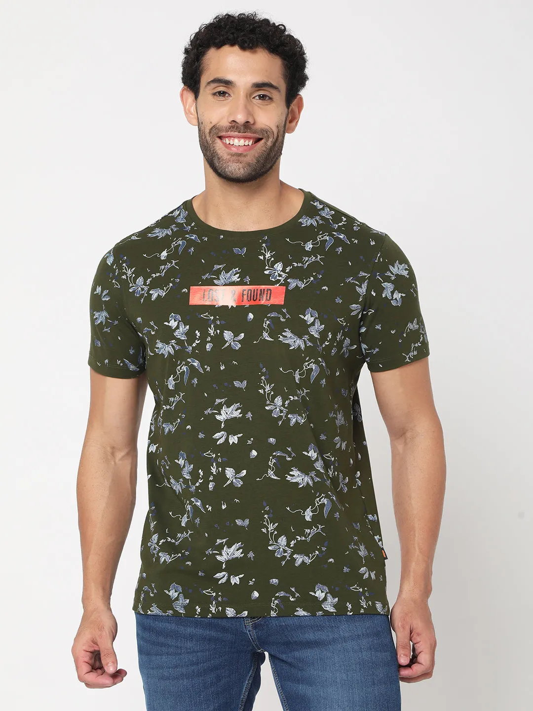 Spykar Men Olive Green Cotton Half Sleeve Floral T-Shirt