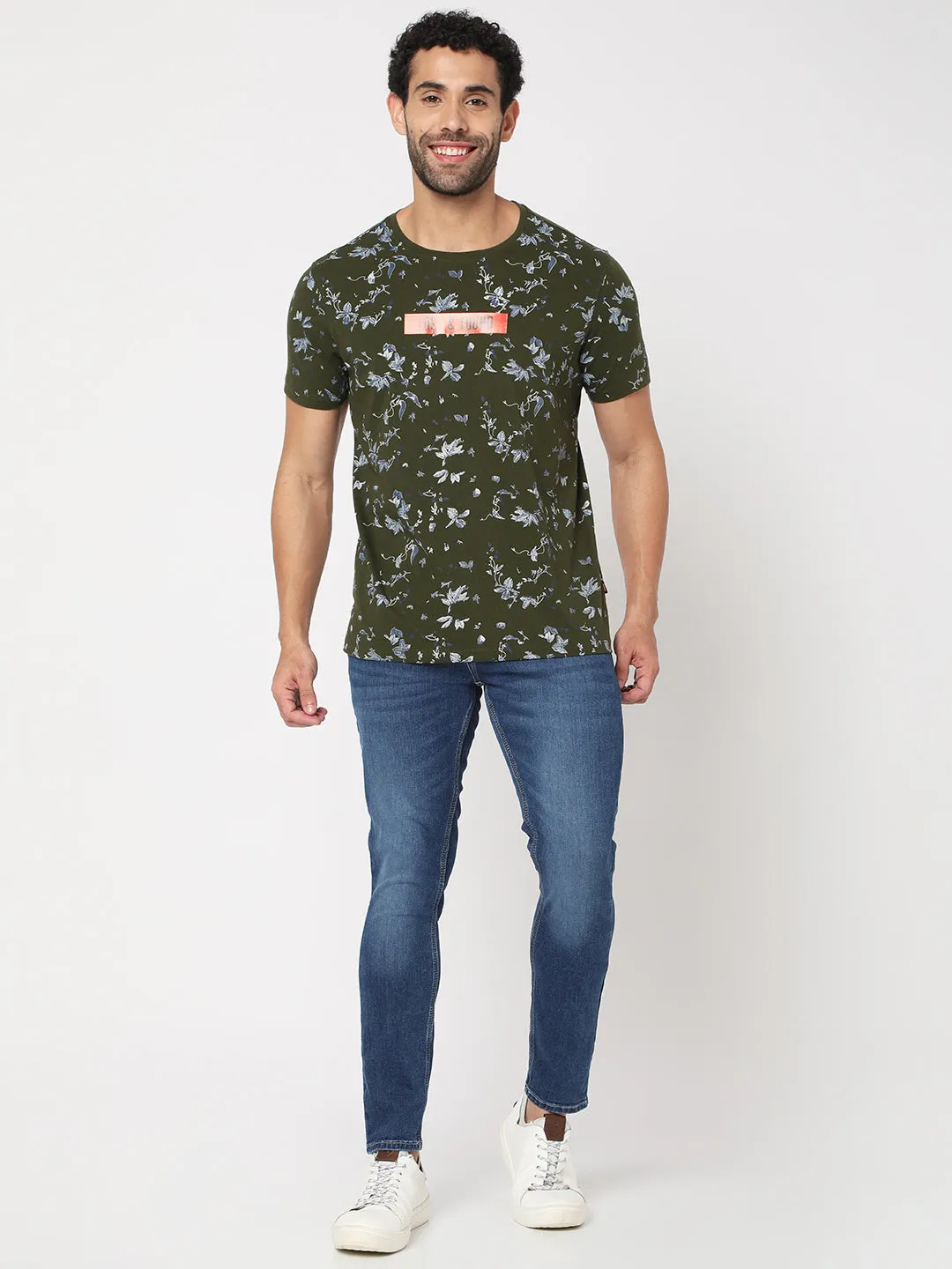 Spykar Men Olive Green Cotton Half Sleeve Floral T-Shirt