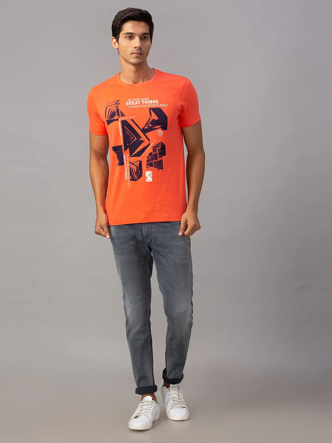 Spykar Men Orange Cotton Slim Fit Round Neck T-Shirt