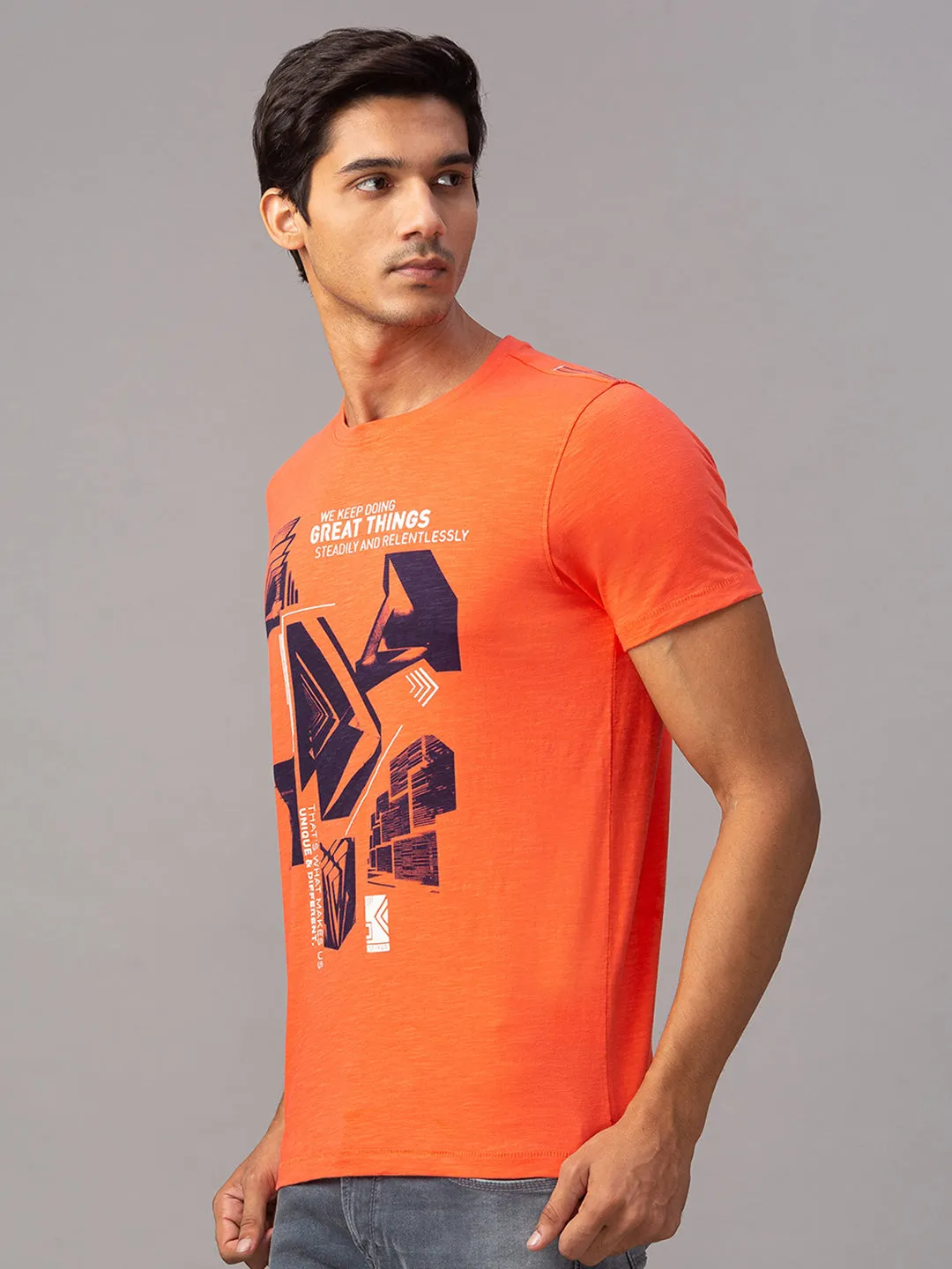 Spykar Men Orange Cotton Slim Fit Round Neck T-Shirt