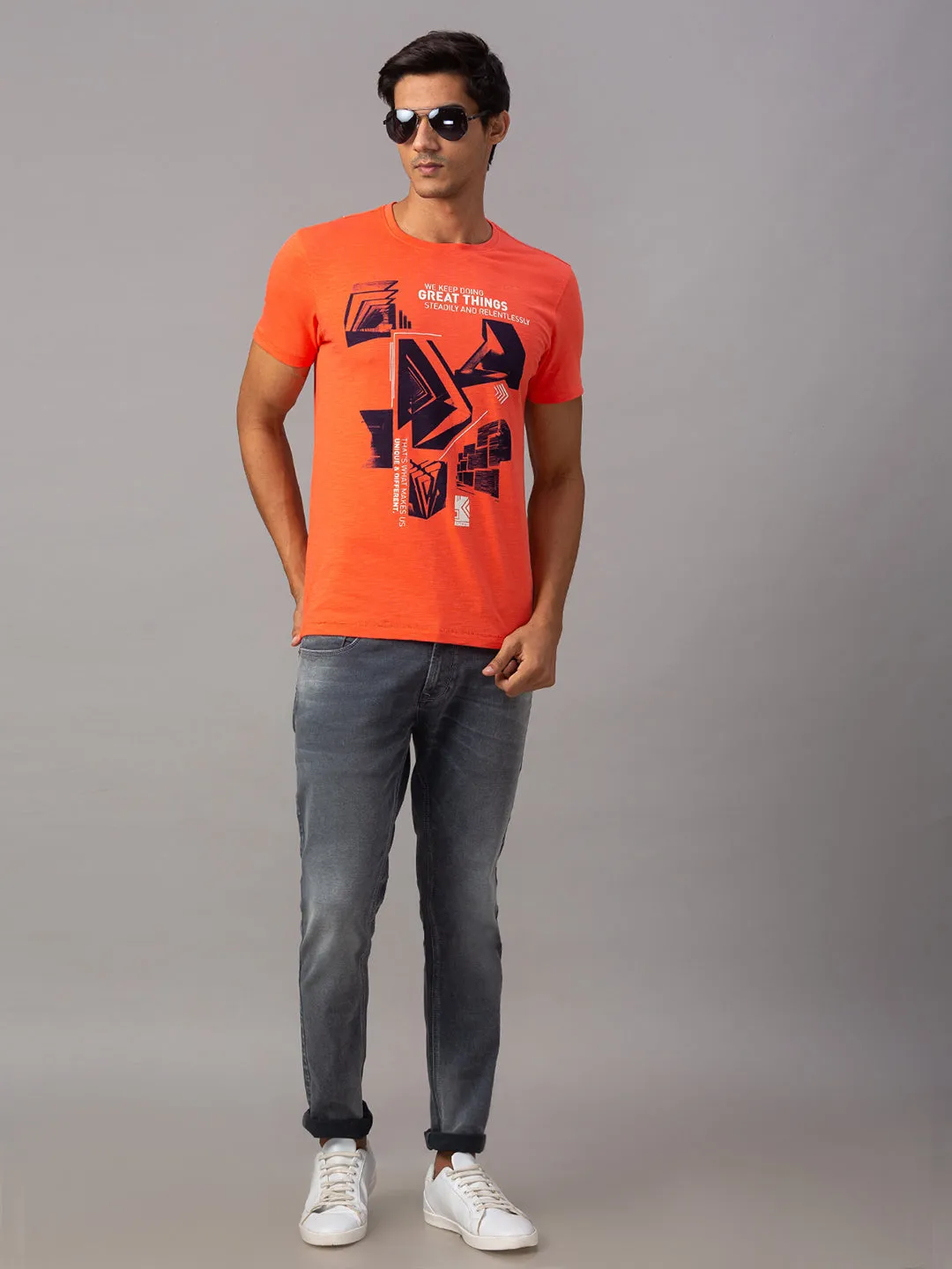 Spykar Men Orange Cotton Slim Fit Round Neck T-Shirt