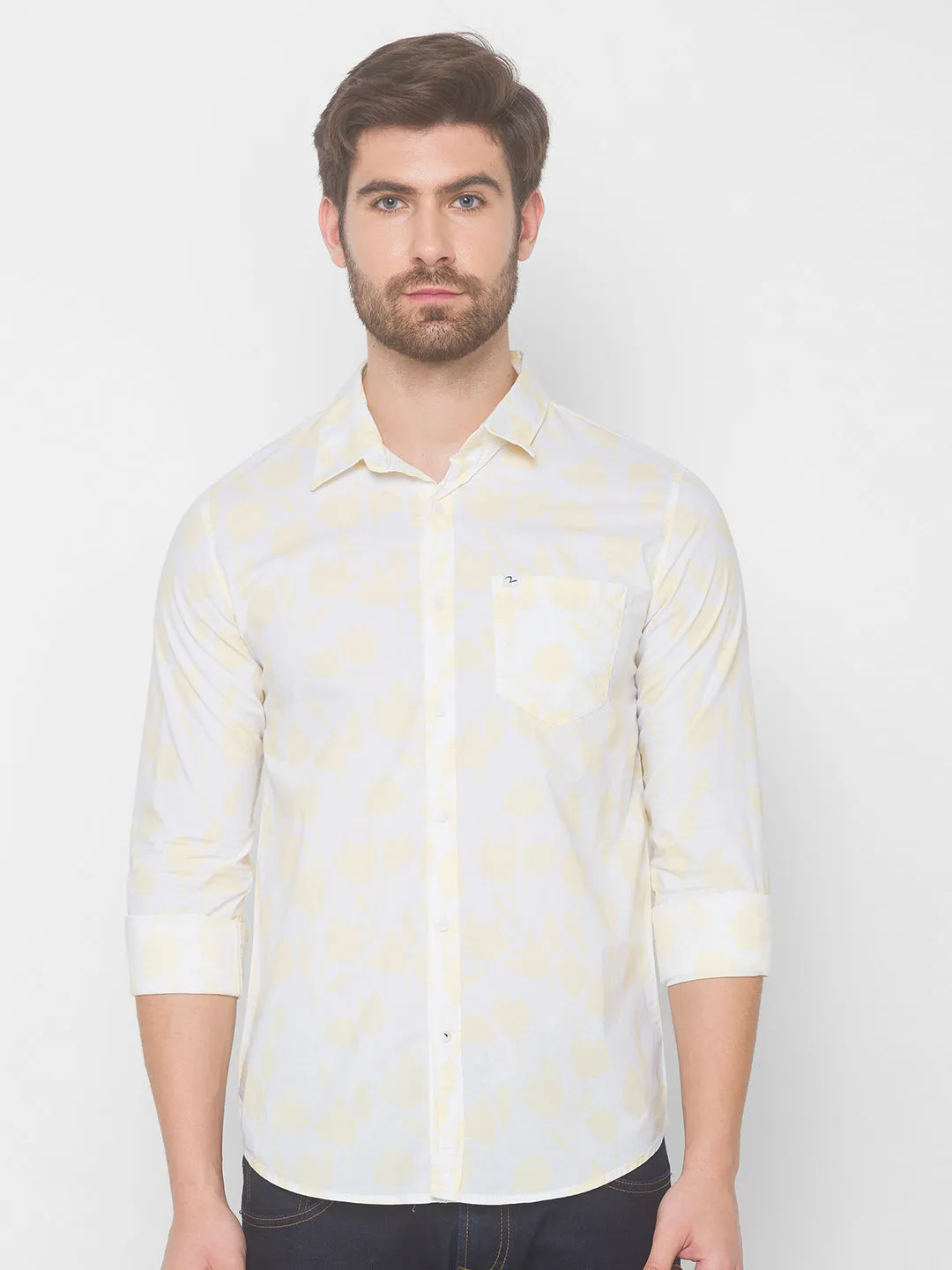 Spykar Men Pastel Yellow Cotton Shirts (Slim)