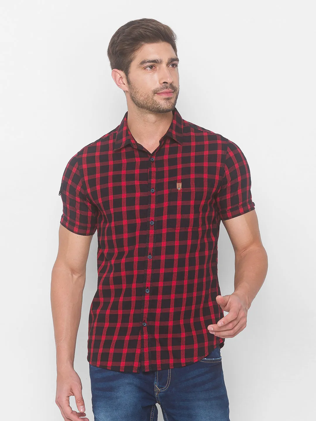 Spykar Men Red Cotton Shirts (Slim)