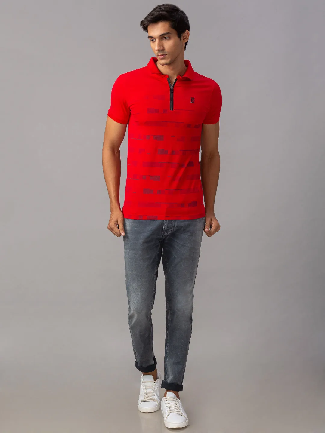 Spykar Men Red Cotton Slim Fit Polo T-Shirt