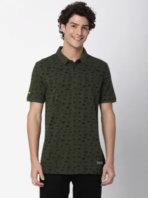 Spykar Men Rifle Green Cotton Printed Casual Polo T-Shirts