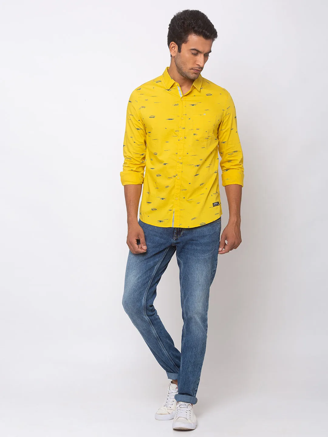 Spykar Men Sulphur Yellow Cotton Slim Fit Shirt