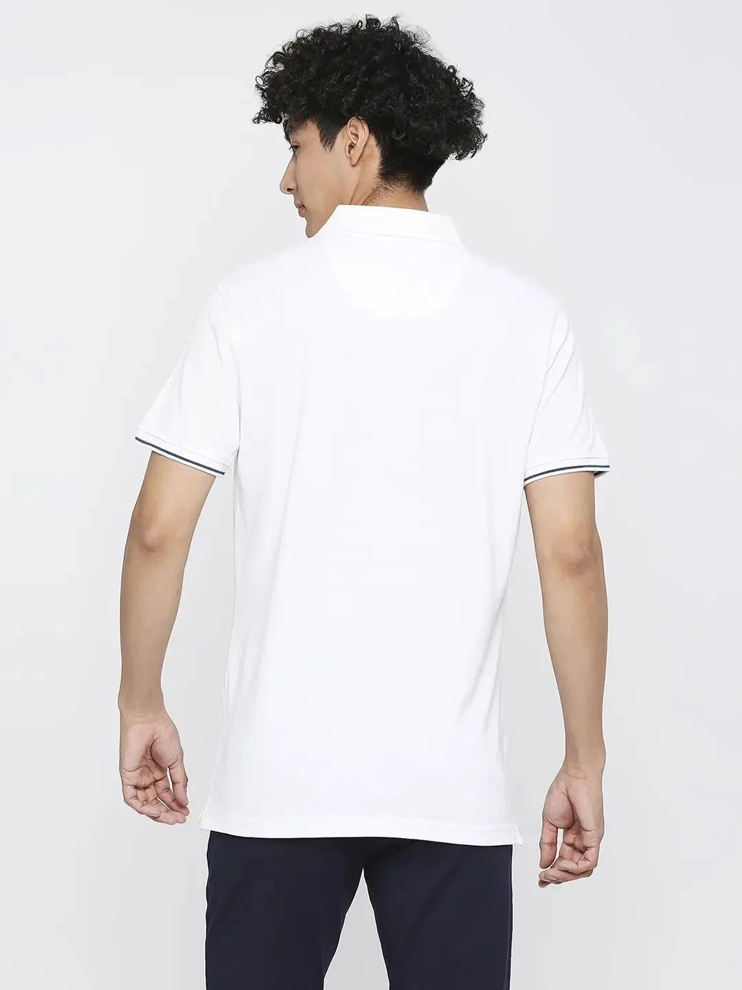 Spykar Men White Cotton Slim Fit Plain Polo Neck Tshirt