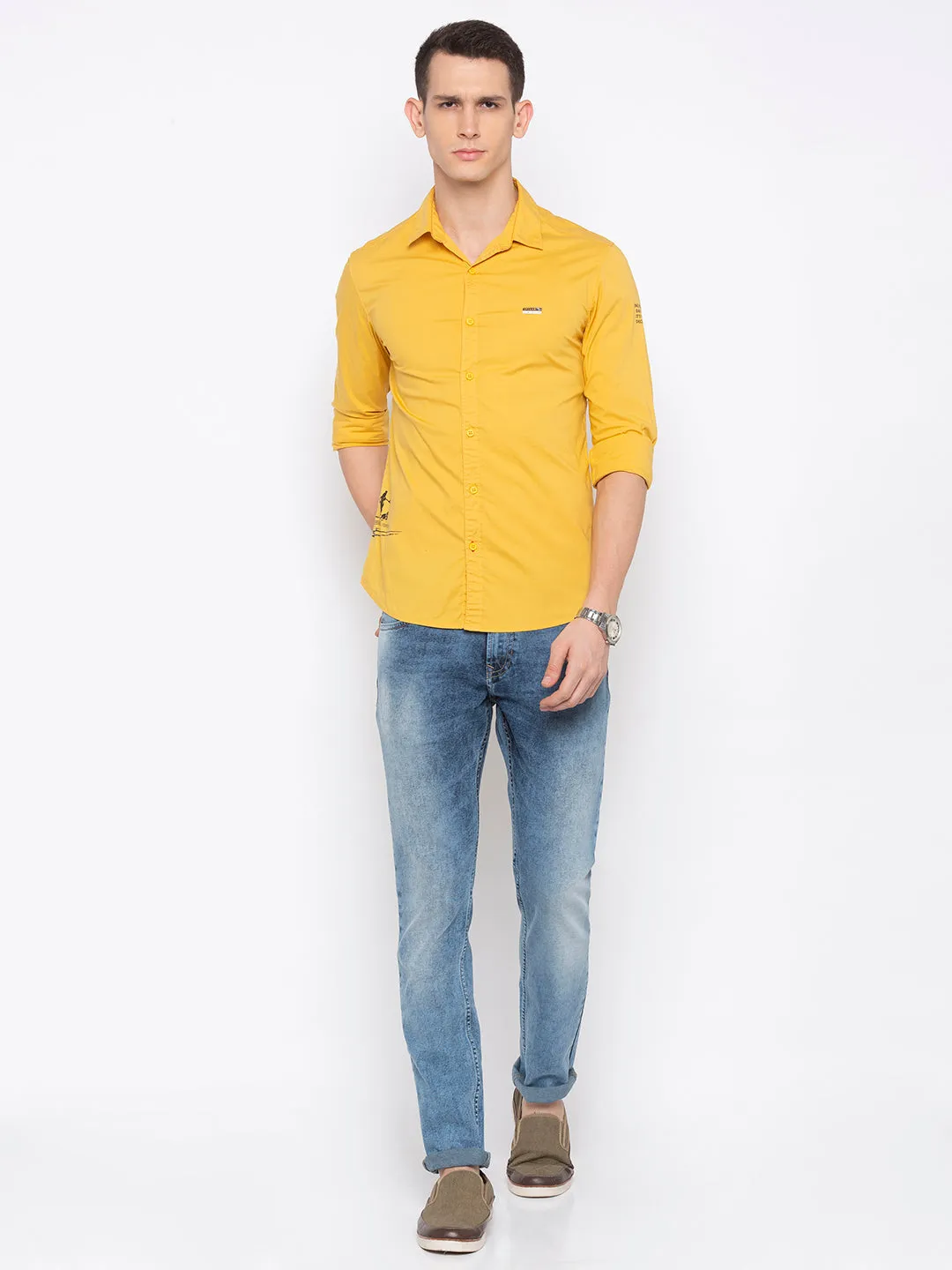 Spykar Men Yellow Solid Casual Shirt