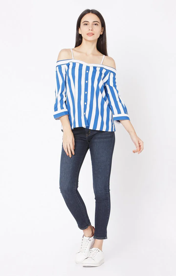 Spykar Slim Fit Blue Cotton Women Off Shoulder Stripe Top