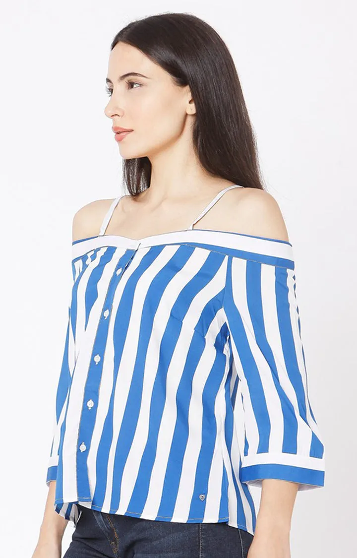 Spykar Slim Fit Blue Cotton Women Off Shoulder Stripe Top