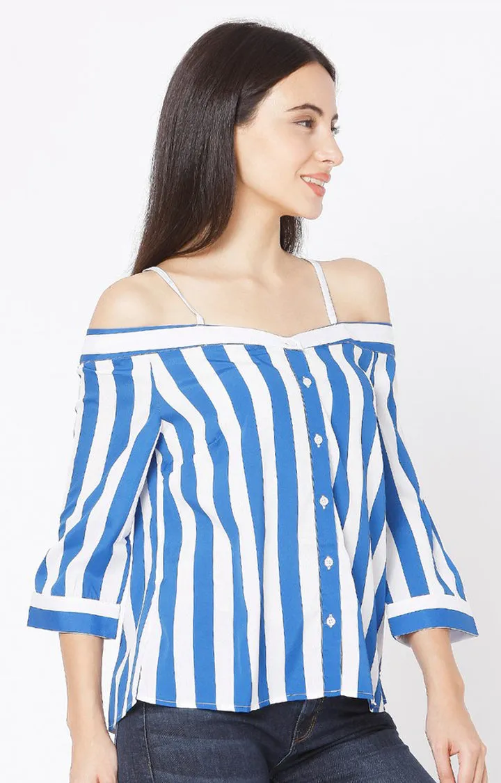 Spykar Slim Fit Blue Cotton Women Off Shoulder Stripe Top