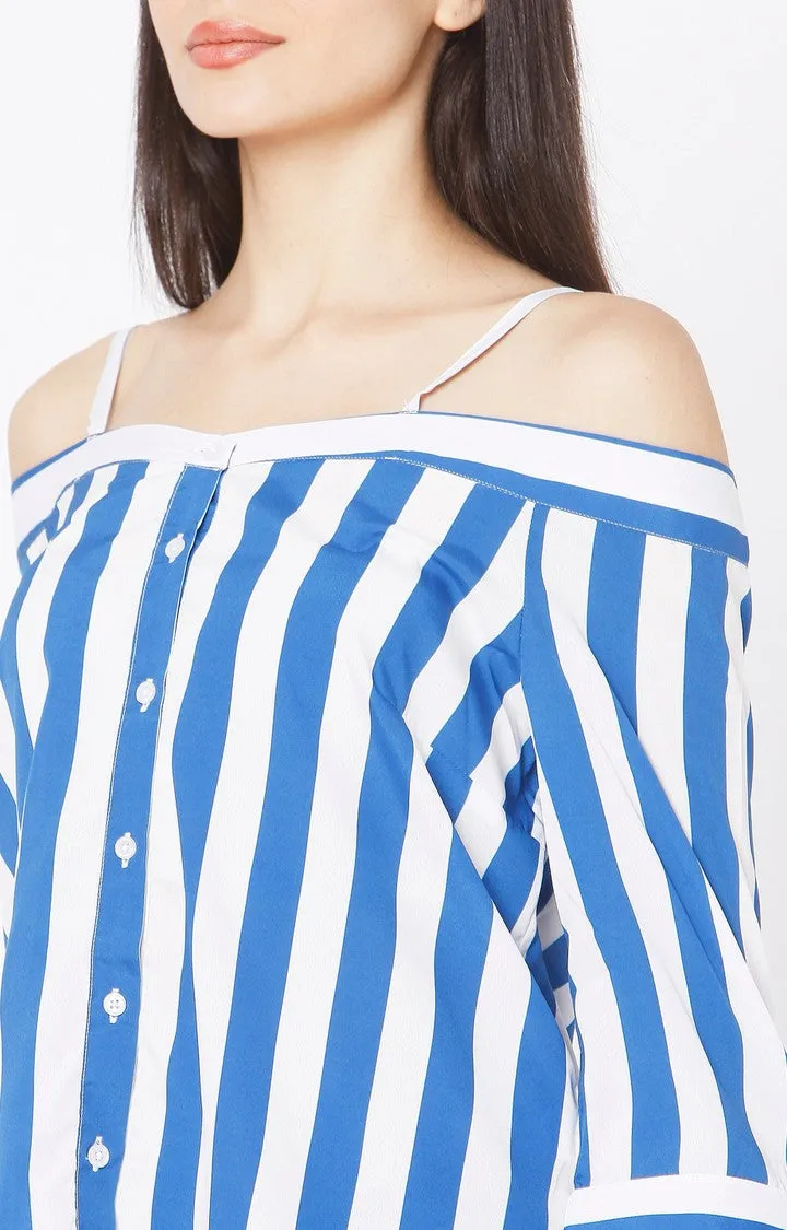 Spykar Slim Fit Blue Cotton Women Off Shoulder Stripe Top