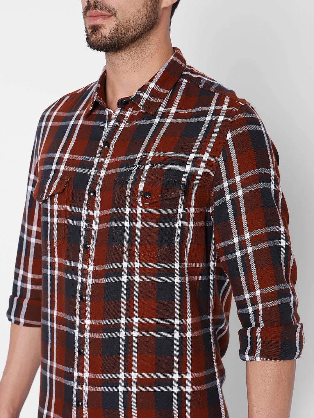 Spykar Slim Fit Men Brick Red Cotton Casual Shirts