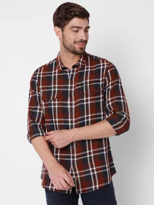 Spykar Slim Fit Men Brick Red Cotton Casual Shirts