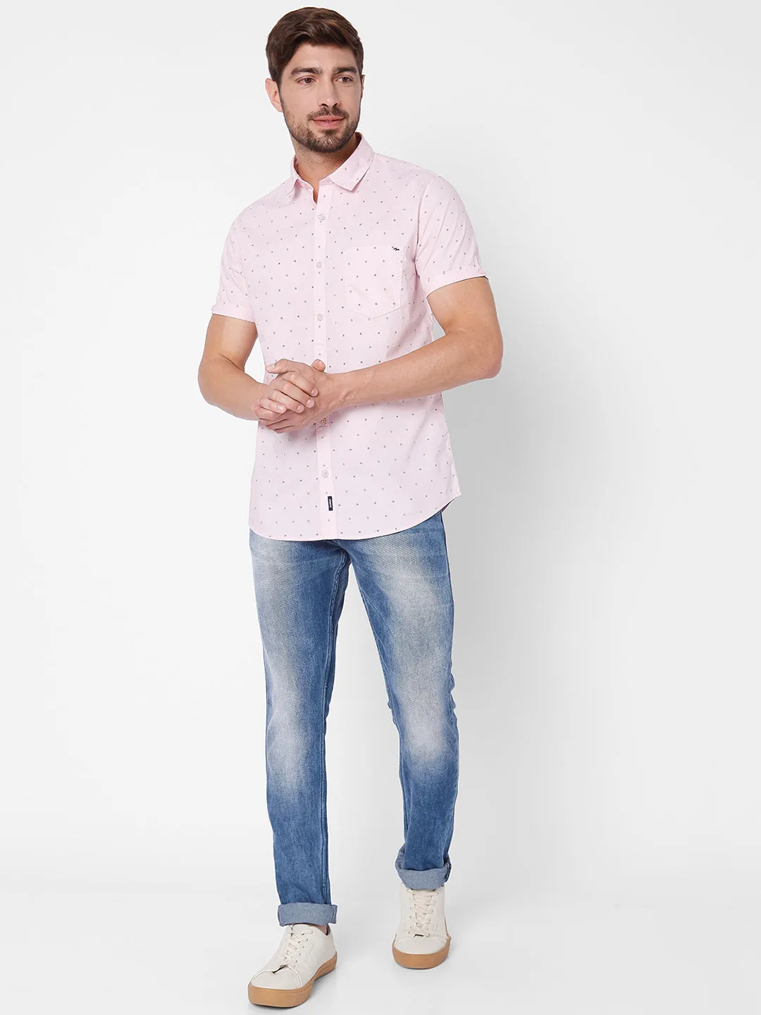 Spykar Slim Fit Men Light Pink Cotton Casual Shirts