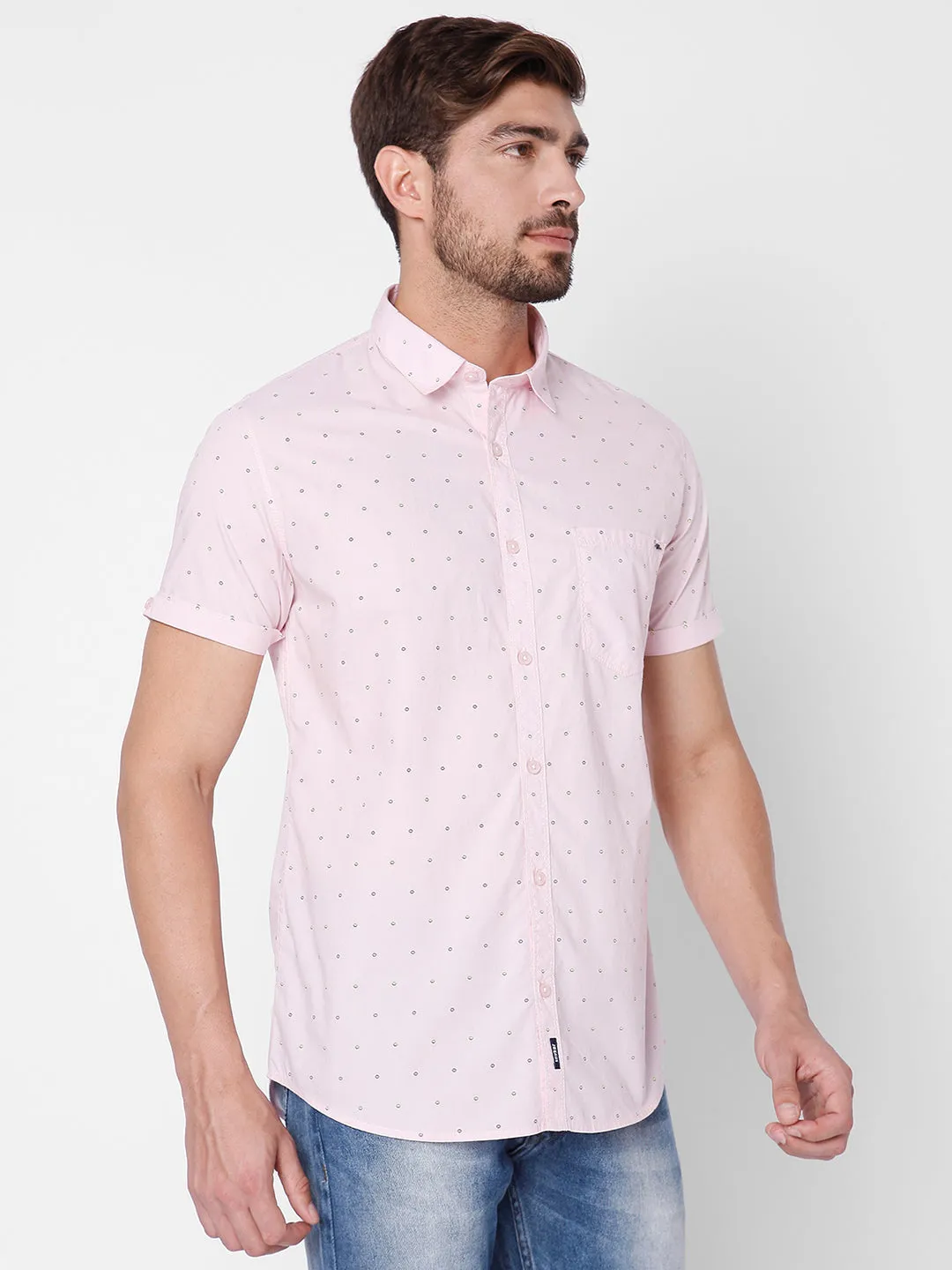 Spykar Slim Fit Men Light Pink Cotton Casual Shirts