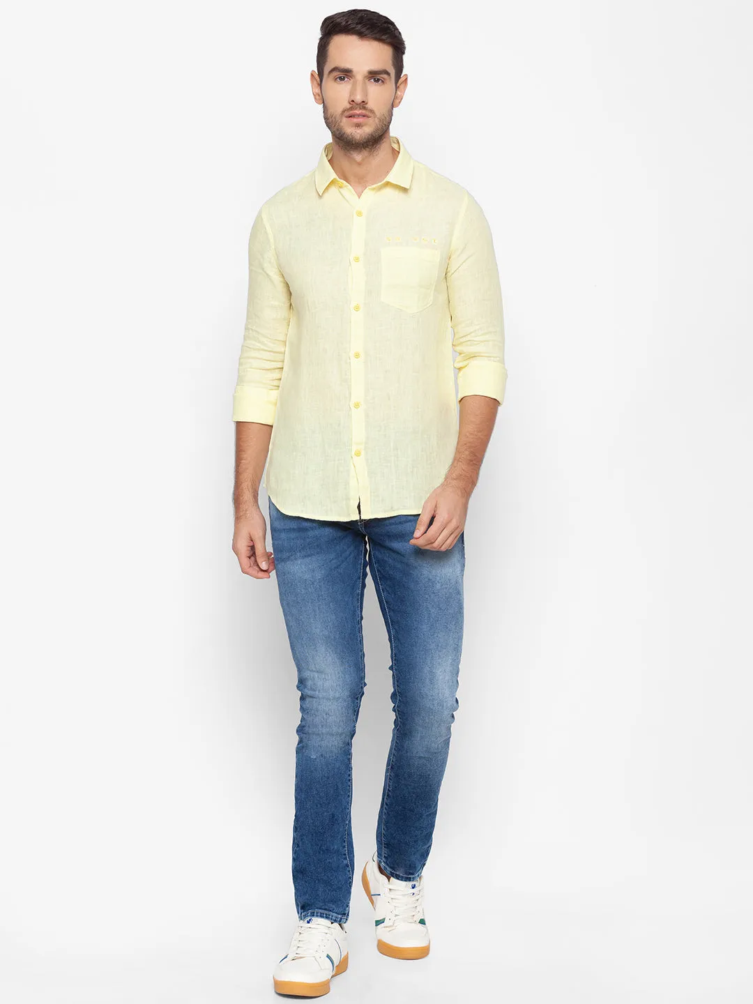 Spykar Slim Fit Yellow Cotton Men Shirt