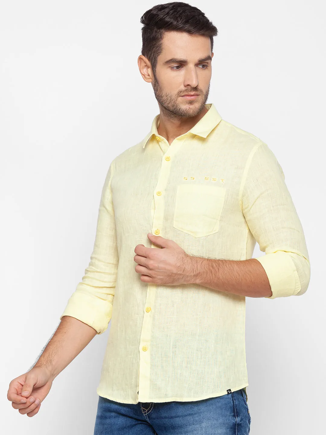 Spykar Slim Fit Yellow Cotton Men Shirt