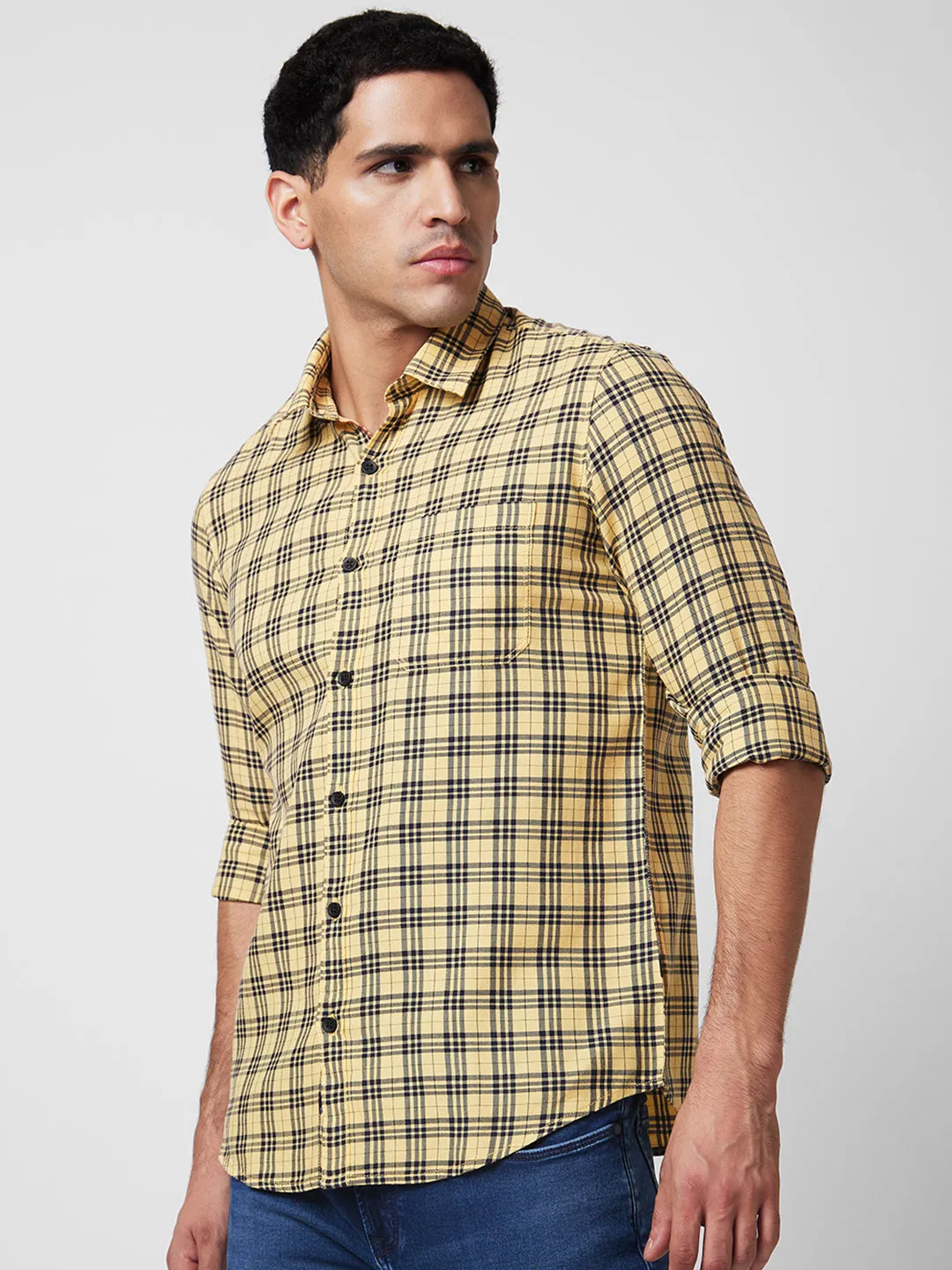 Spykar Yellow Checked Shirt For Men