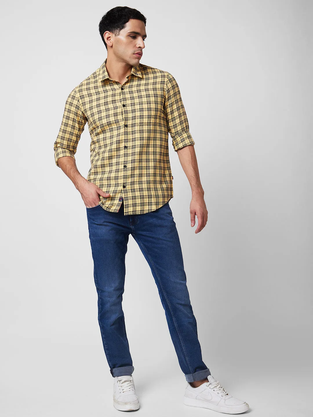 Spykar Yellow Checked Shirt For Men