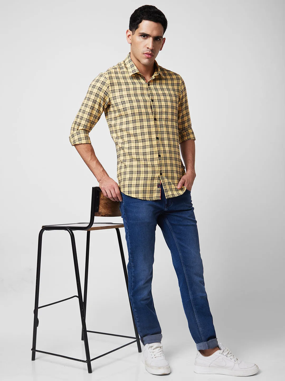 Spykar Yellow Checked Shirt For Men