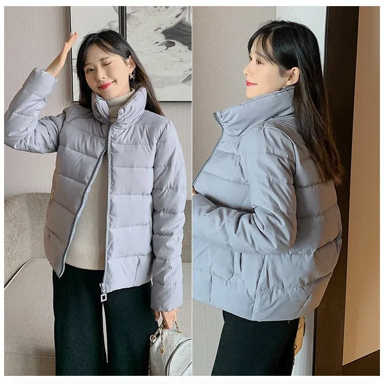 Stand-Up Collar Cropped Solid Puffer Jacket