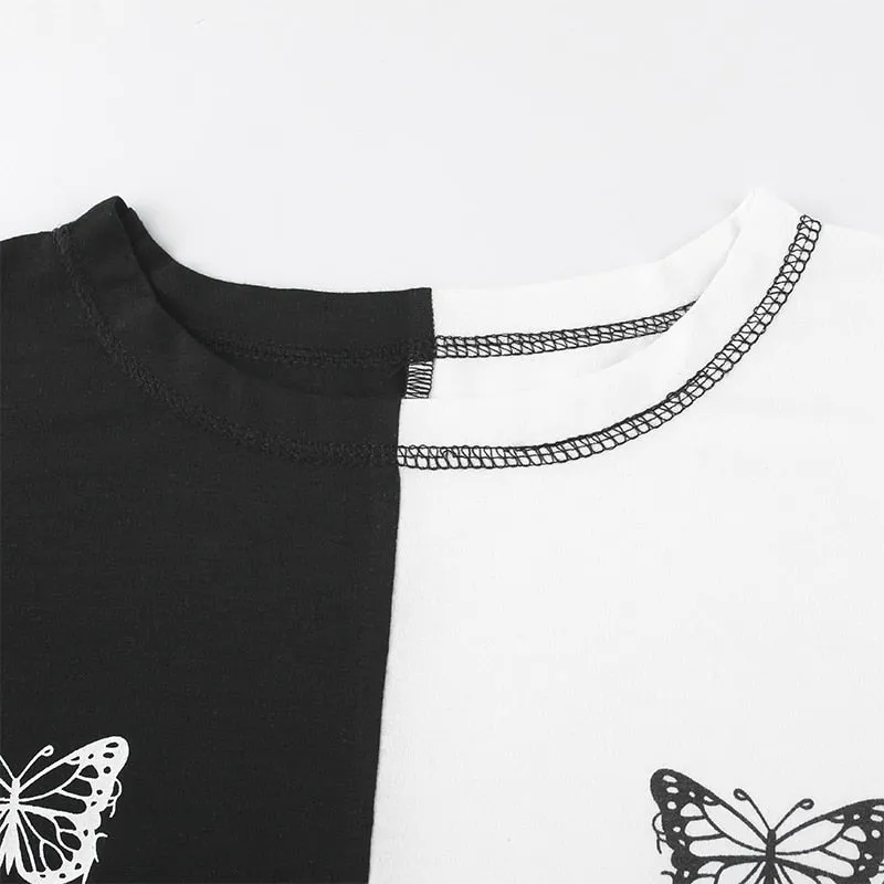 Summer Contrast Color Butterfly Crop Top Short Sleeve Loose Tees