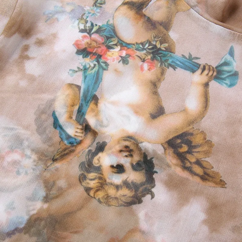 Sweetown Summer 2020 Kawaii Mesh Crop Top Tshirt Greek Mythology Angel Print See Through Top Women Sexy Transparent Beach Shirt