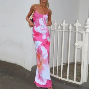 Tie-dye Print Suspender Backless Sling Slim Bodycon Floral Dress for Beach Holiday